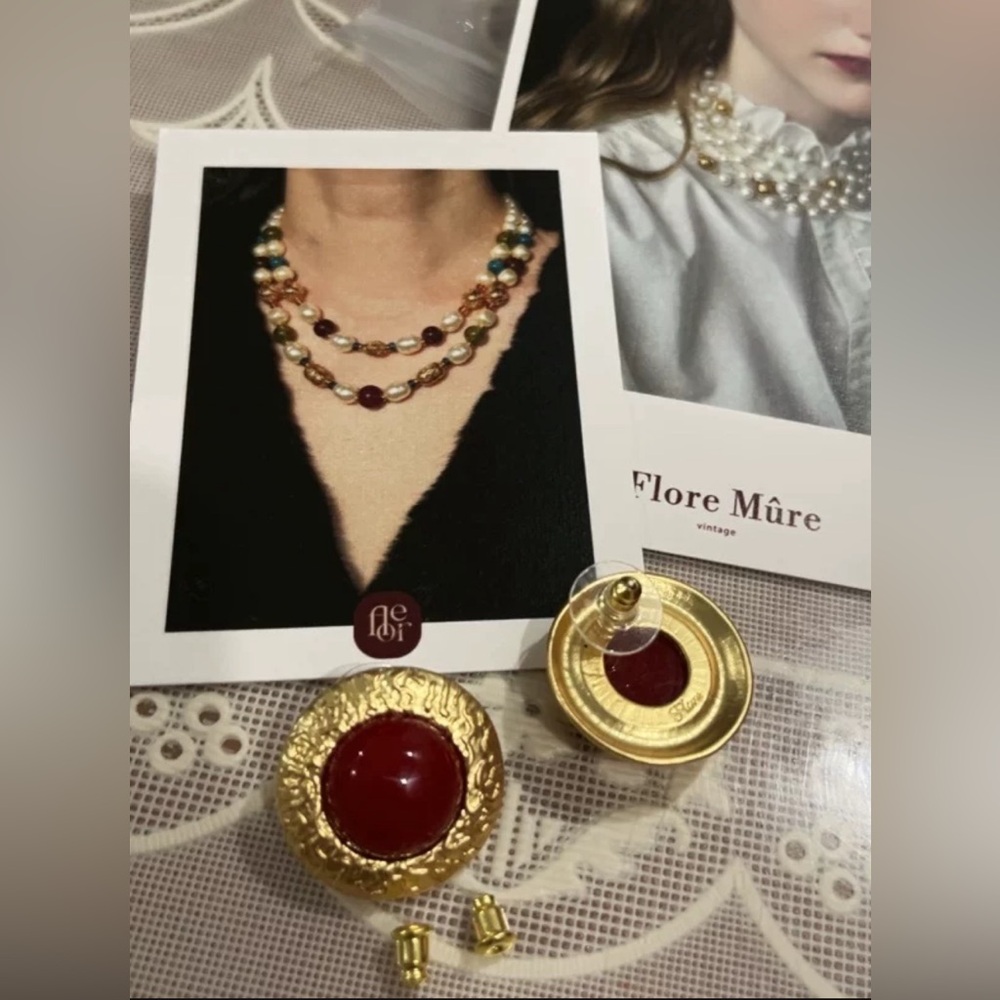18K Gold Plated Italian Red Vintage Earrings - Picture 8 of 8